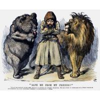 El león británico vs. el oso ruso (caricatura en alusión a El Gran Juego)